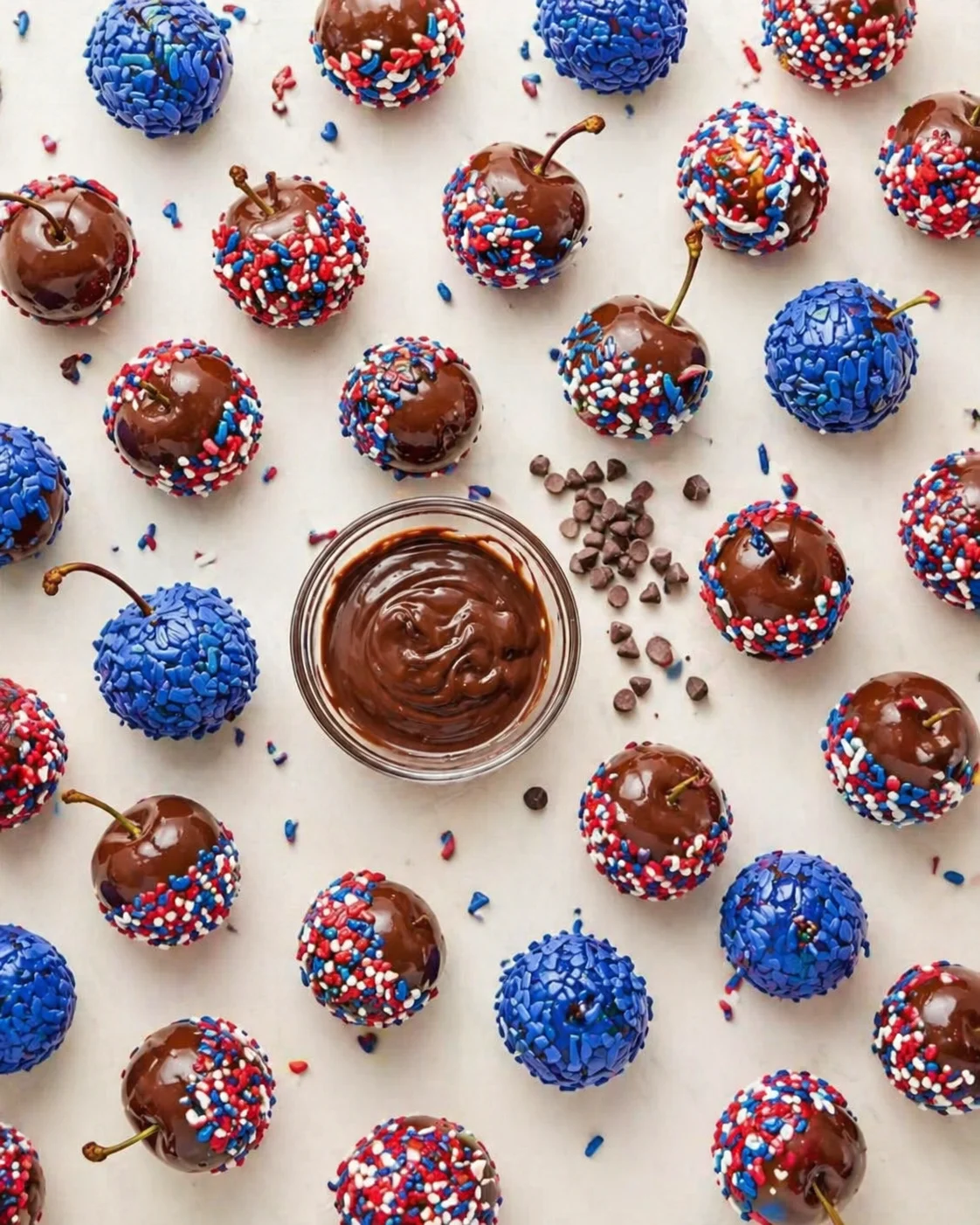 Chocolate-covered cherries with patriotic red, white, and blue sprinkles on a white background.