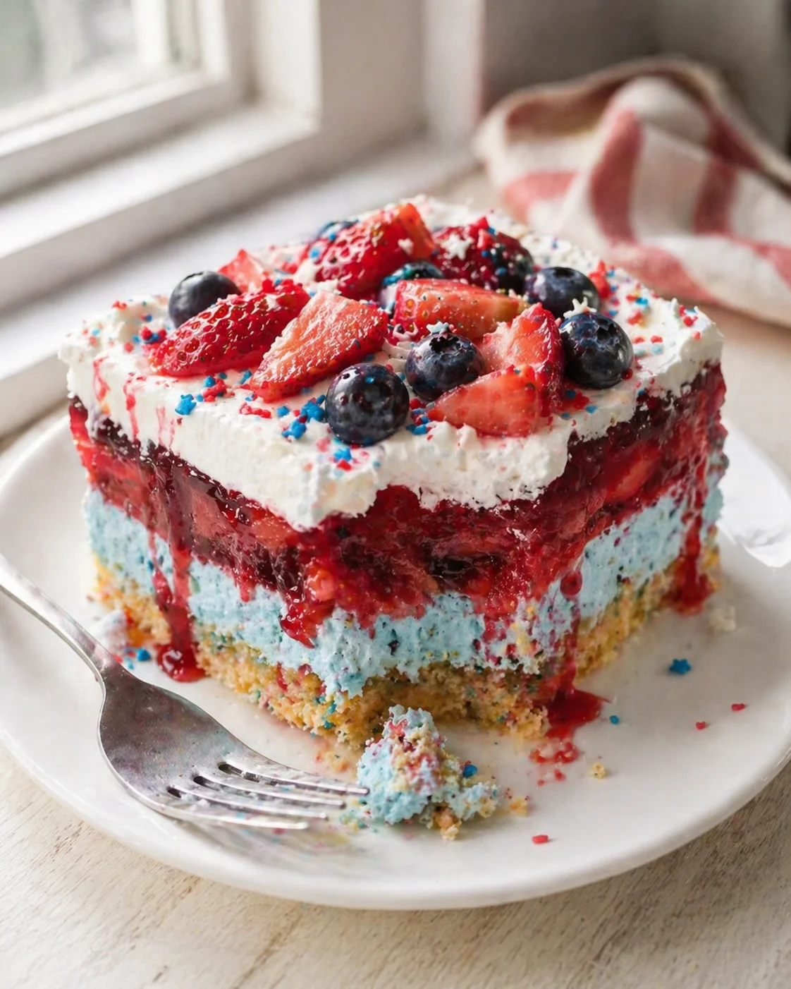 slice of colorful layered cake with whipped cream, strawberries, blueberries, and red-white-blue sprinkles on a plate.