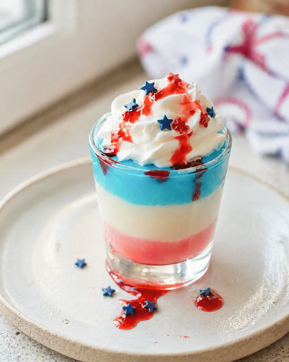 patriotic layered parfait in a glass topped with whipped cream and blue star sprinkles.