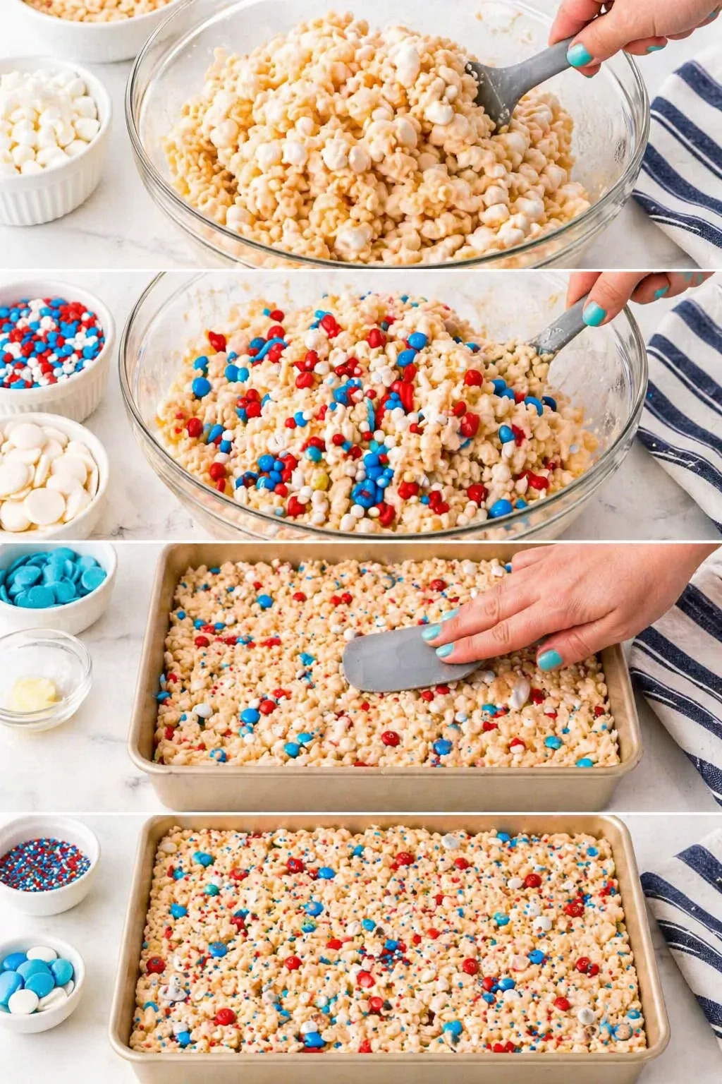 Four-panel collage showing assembling Rice Krispies treats with marshmallow mix, sprinkles, and spreading in a pan.