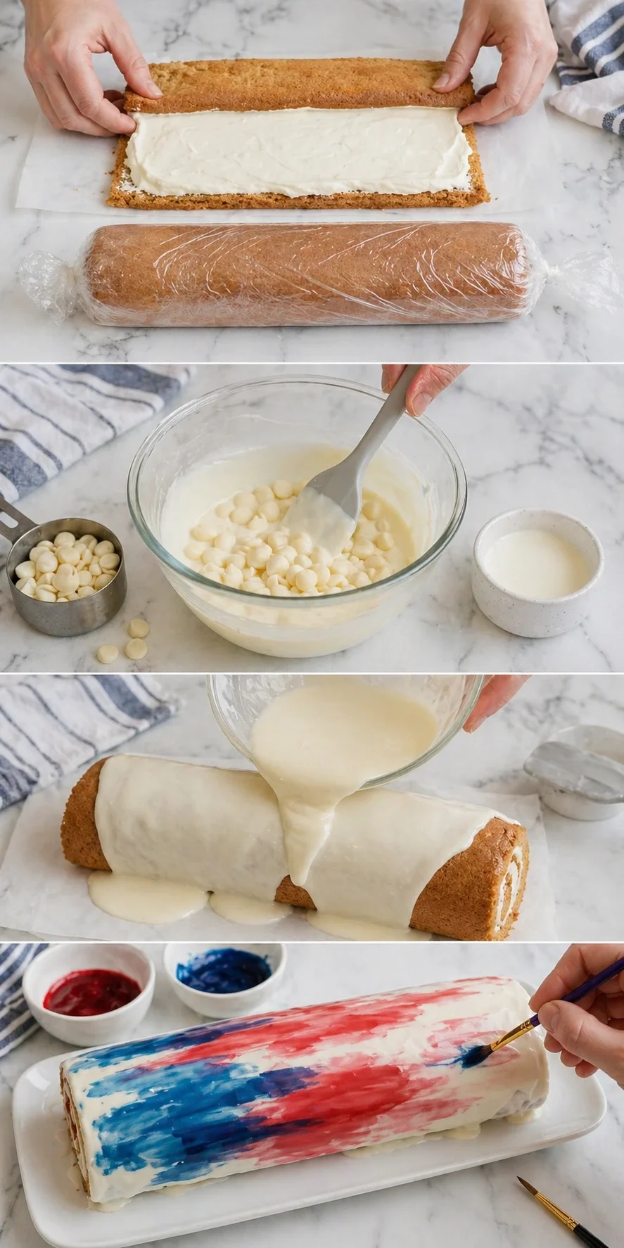 Five-panel collage showing a cream-filled sponge roll being assembled, iced, and decorated.