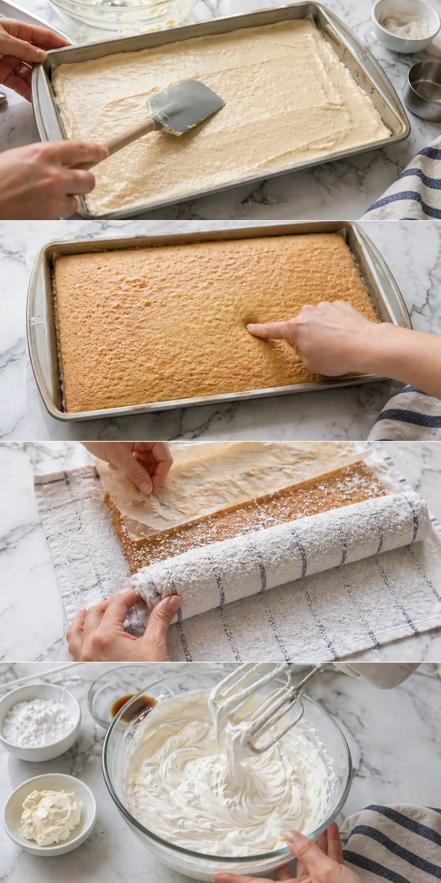 Step-by-step collage of rolled sponge cake: batter spreading, baked sponge, rolling, and whipped cream filling.