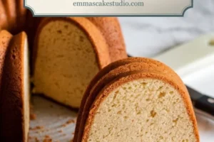 A close-up of a moist sour cream pound cake with a golden crust, sliced to reveal its dense, buttery interior. The cake sits on a marble cutting board with crumbs scattered, accompanied by a knife in the background. The text overlay in a vintage-inspired design reads "Sour Cream Pound Cake," paired with a website link, emphasizing its homemade charm and classic flavor.