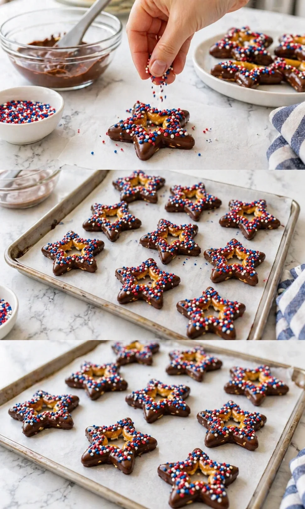 hand decorating star-shaped chocolate cookies with red, white and blue sprinkles on a marble countertop