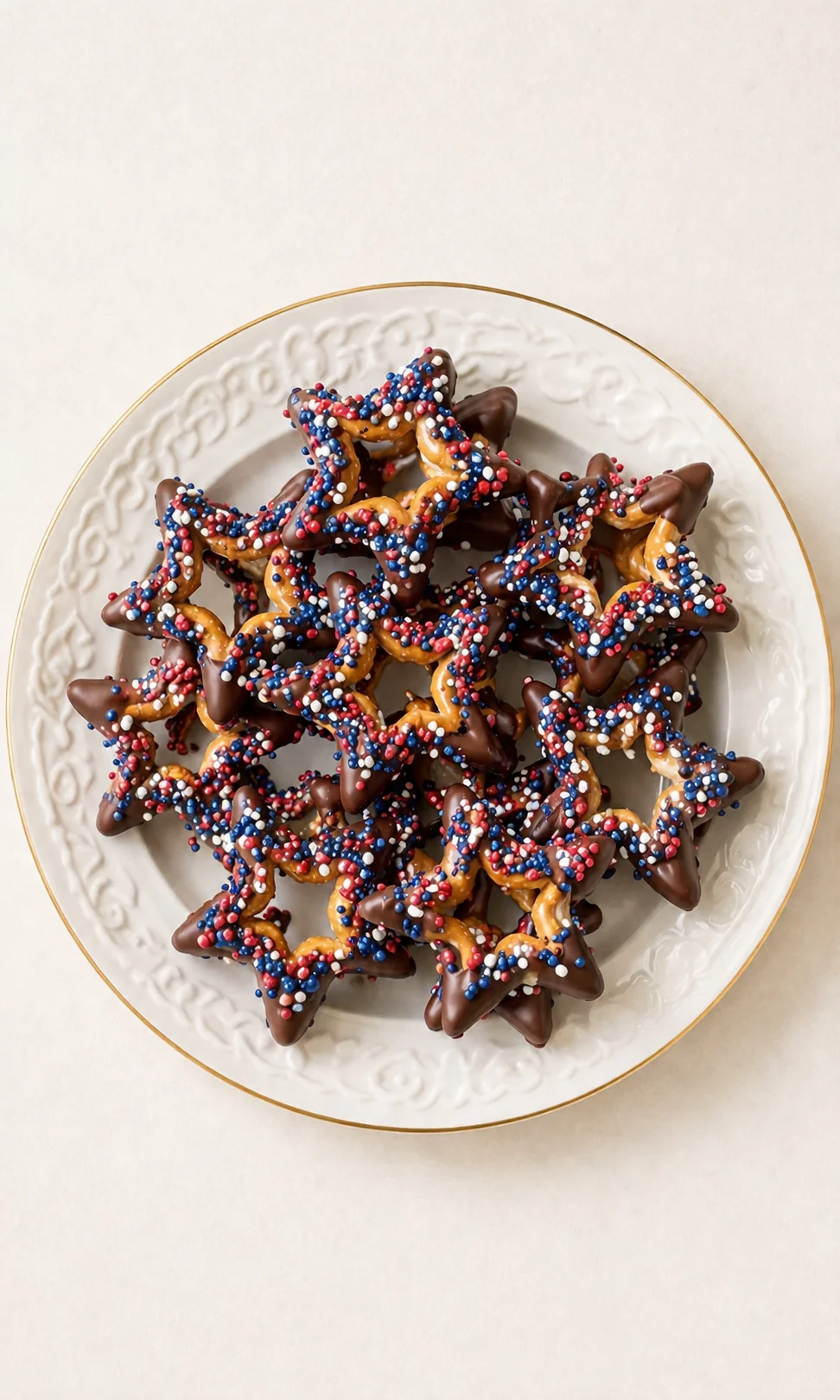 Star-shaped pretzels coated in chocolate with red, white, and blue sprinkles on a white plate.