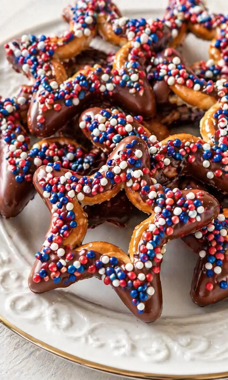 Close-up of star-shaped pretzels dipped in chocolate with red, white, and blue sprinkles on a white plate.