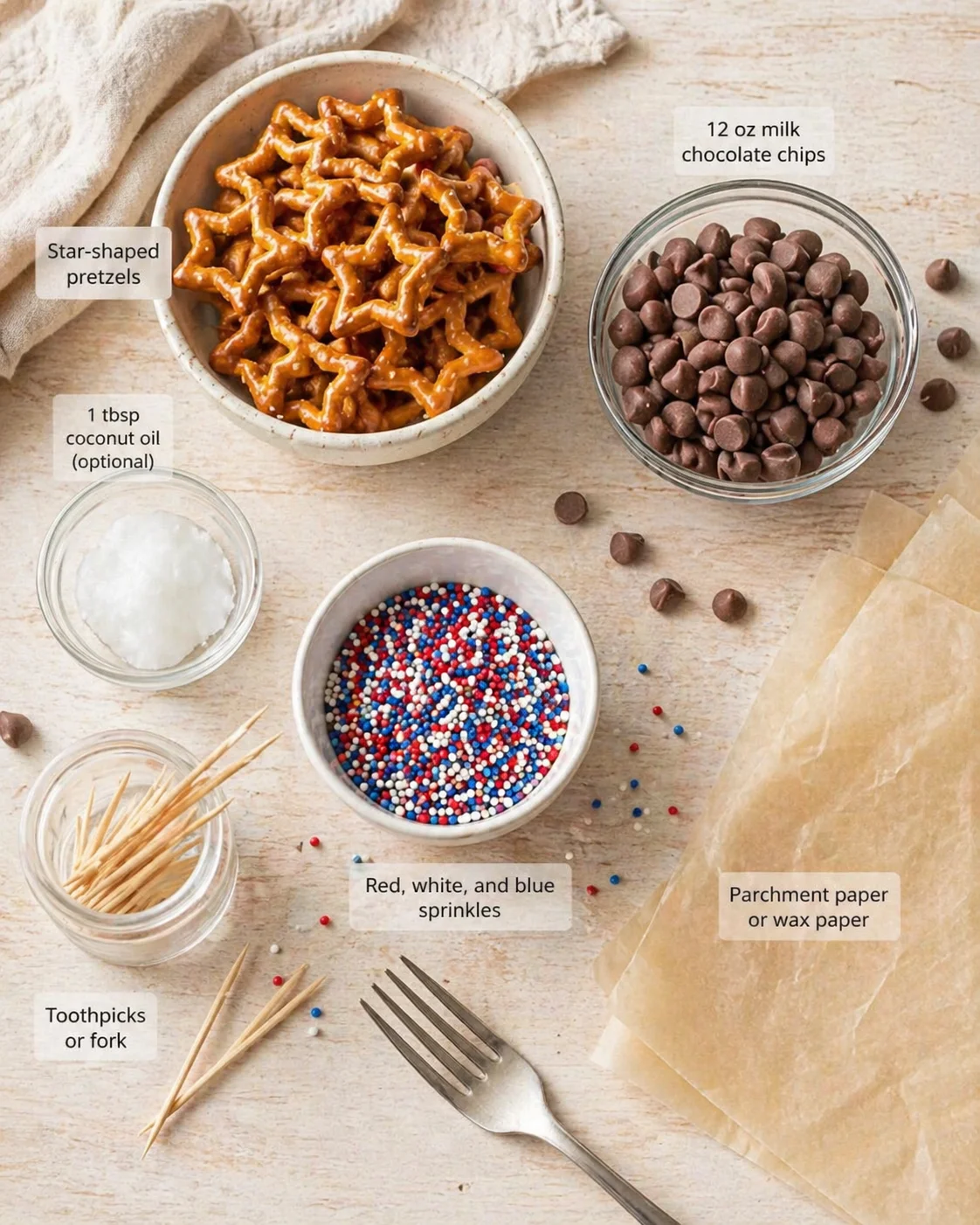 Flat lay of star-shaped pretzels, milk chocolate chips, red, white, and blue sprinkles, coconut oil, parchment paper, and toothpicks on a light wooden surface.