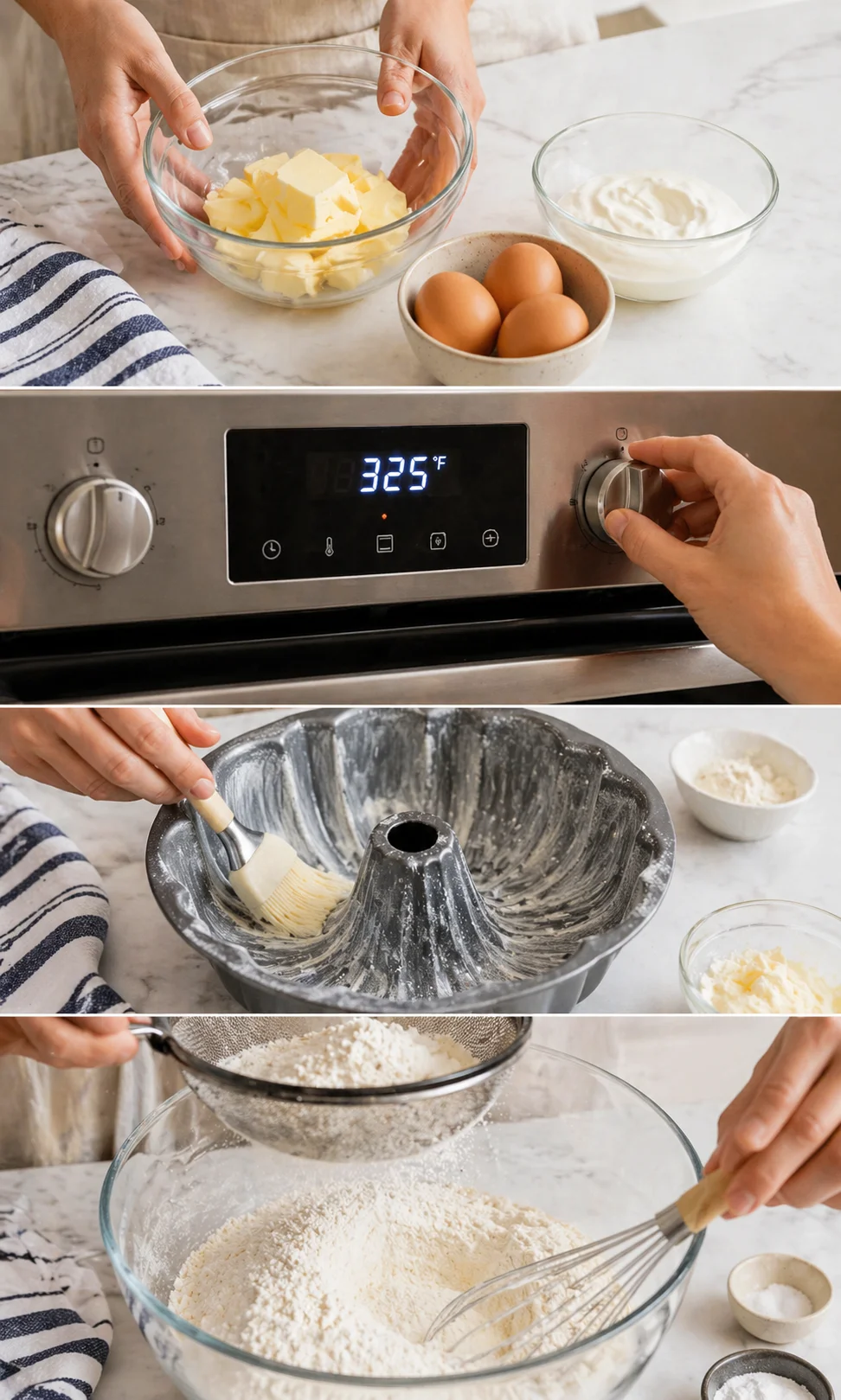 Four-panel collage: butter cubes, eggs, and yogurt; oven set to 325°F; greased Bundt pan; sifting flour.