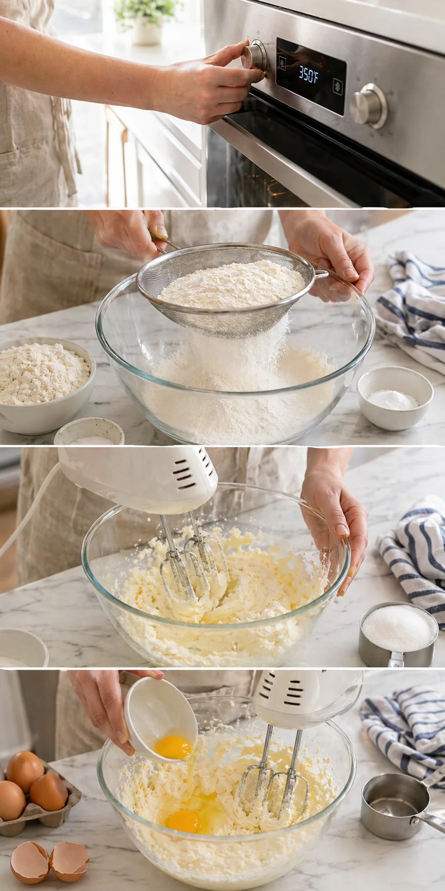 Person turns oven knob, sifts flour into a glass bowl, then mixes batter.