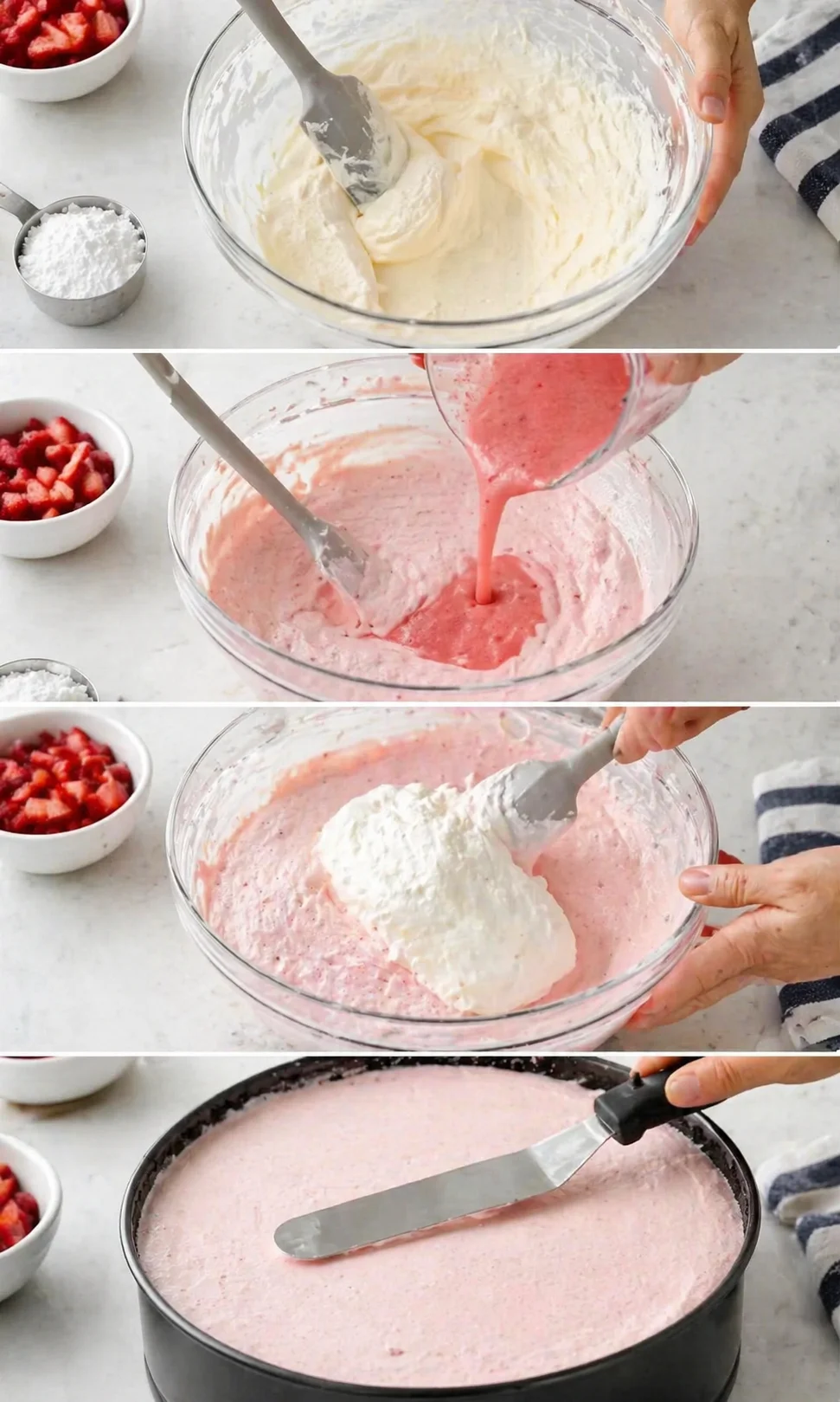 four-panel collage showing cream batter, pink strawberry batter, and batter spread in a pan.