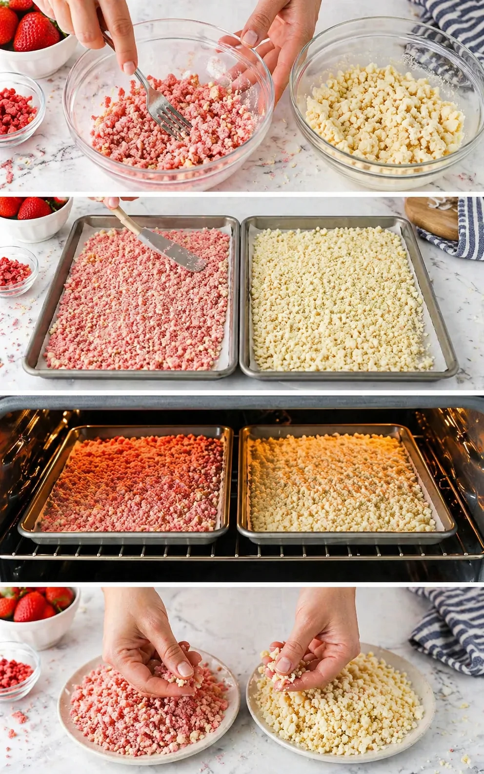 Hands crumble pink and white streusel, spread in pans, bake, and plate the finished crumbs.