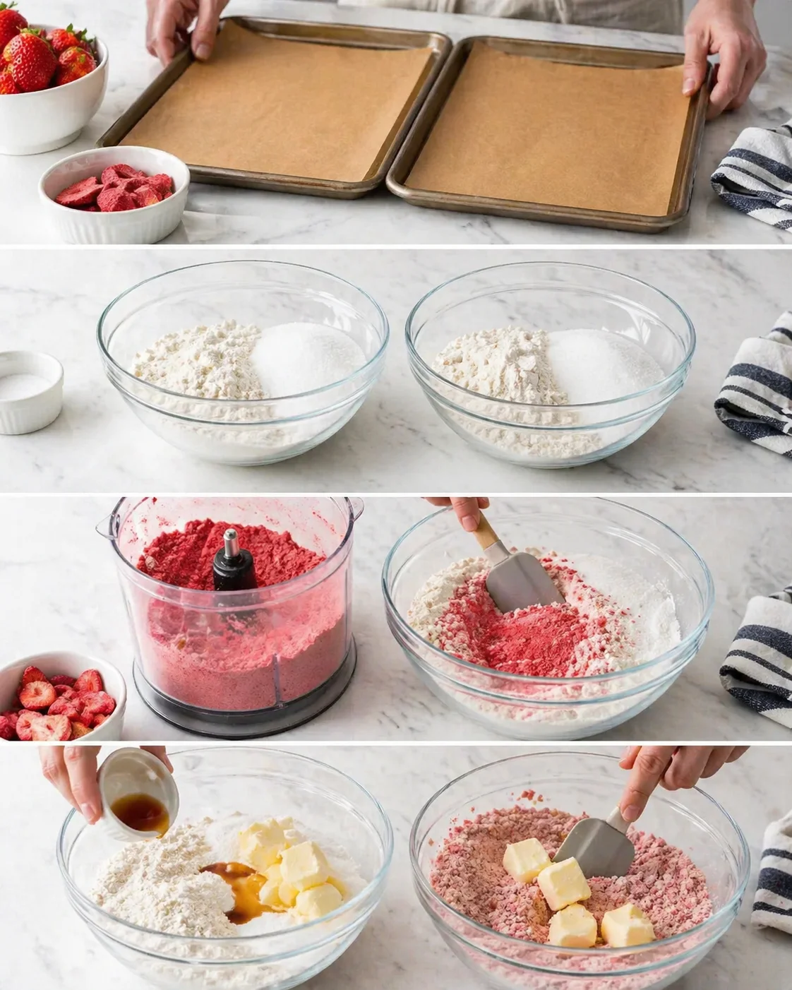 collage shows strawberries, parchment-lined pans, bowls of flour and sugar, pink strawberry dough being mixed