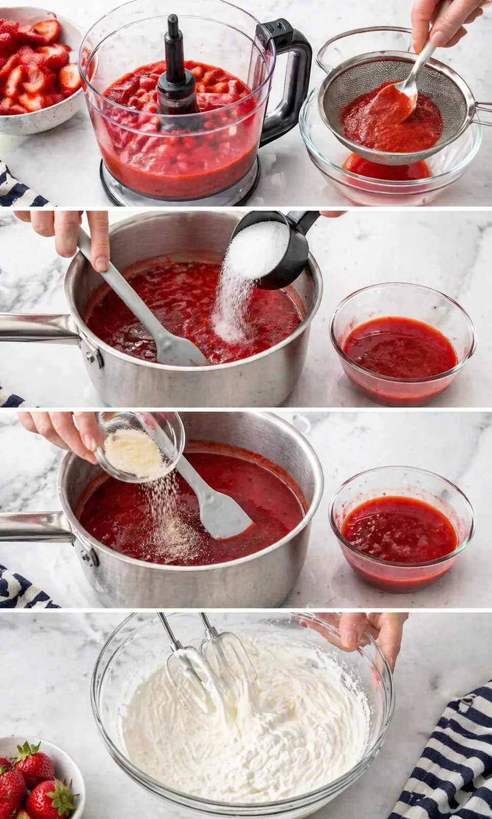 collage showing strawberry sauce being blended, strained, simmered with sugar, and whipped cream.