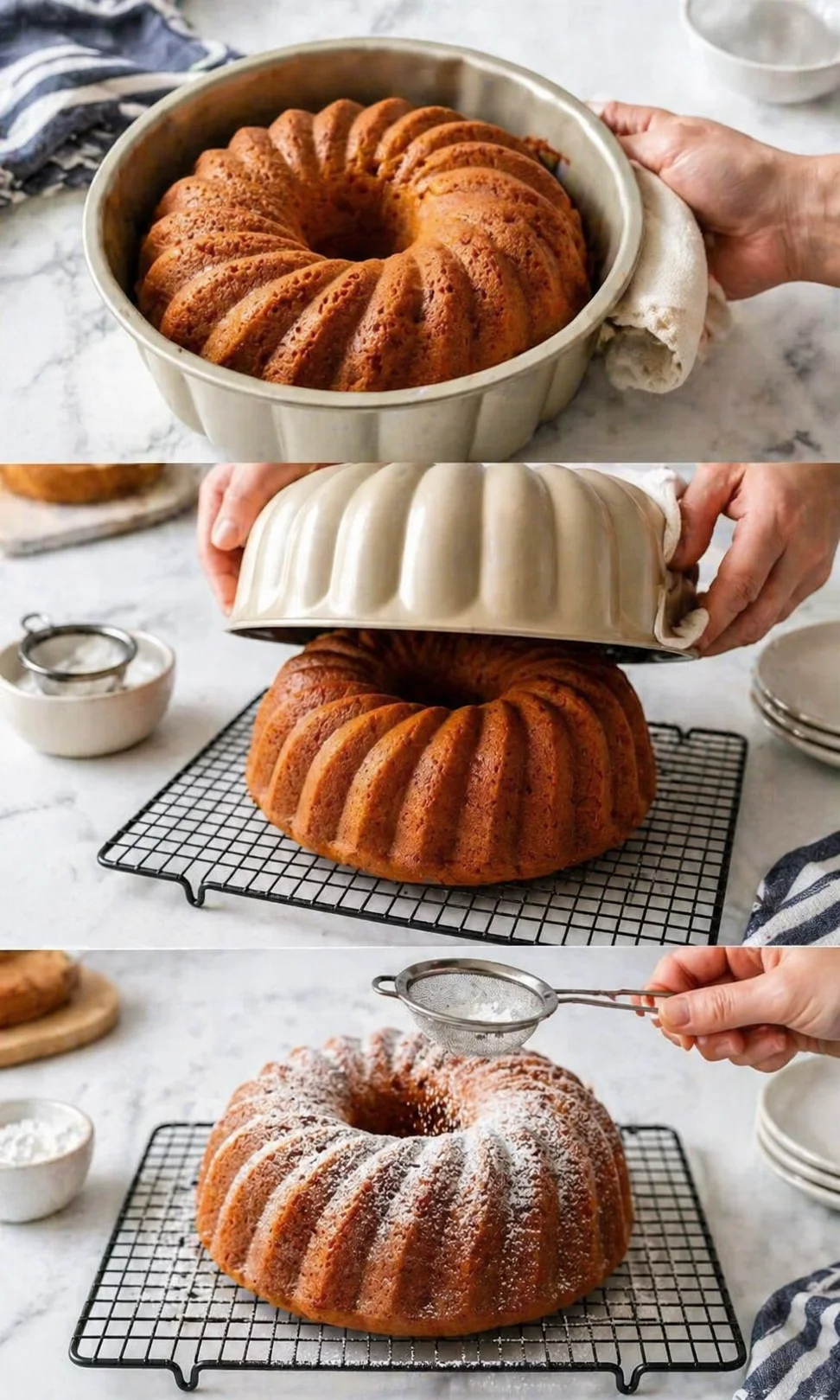 collage of bundt cake being unmolded from pan and dusted with powdered sugar