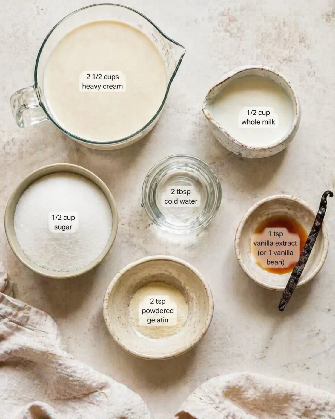 Top-down shot of ingredients for vanilla gelatin: cream, milk, sugar, gelatin, water, vanilla.