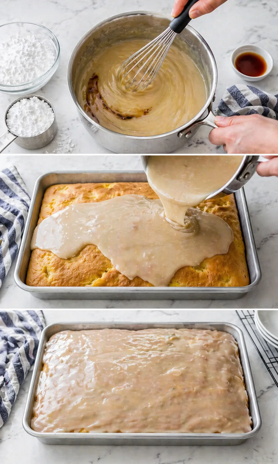 Collage showing whisking batter in a saucepan, pouring thick glaze over a baked cake in a rectangular pan.