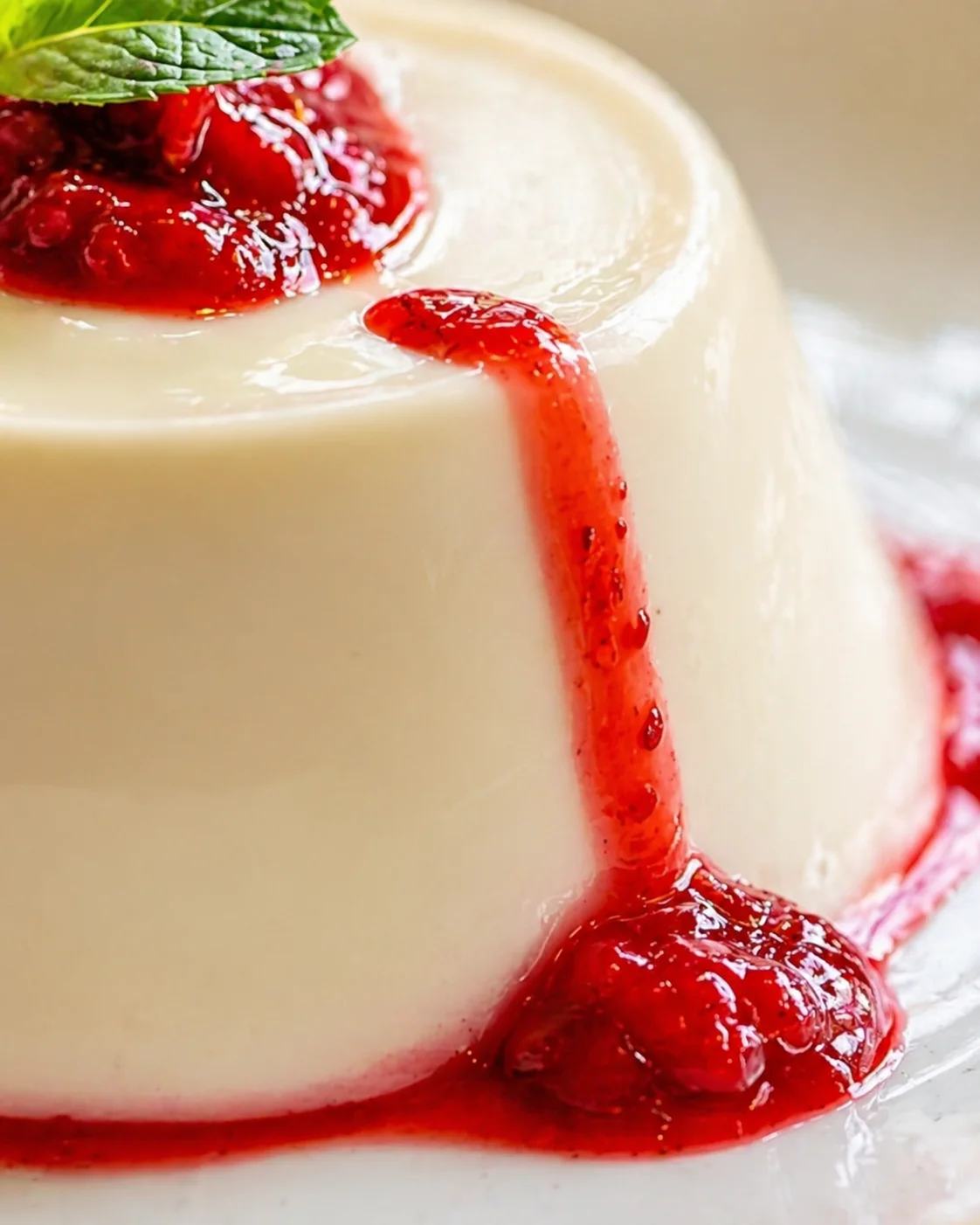 Close-up of glossy vanilla panna cotta with red berry sauce dripping down, mint garnish.
