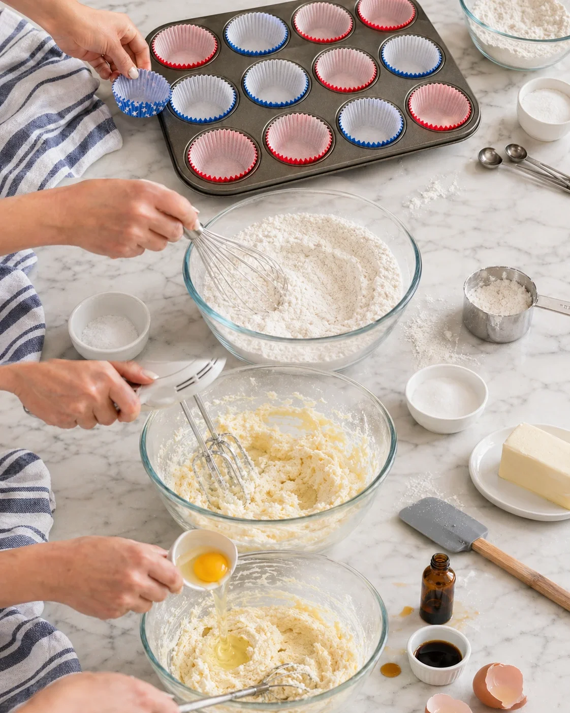 Hands whisk batter in glass bowls; muffin tin with colorful liners on marble counter
