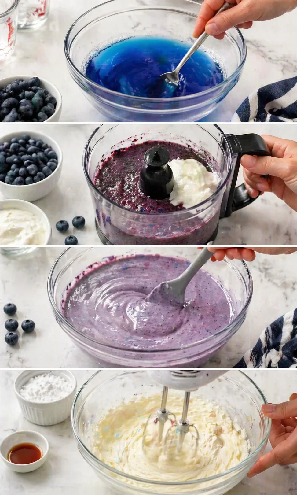 Four-panel collage showing blueberry batter prep: blue liquid, purple puree in processor, and whisked batter in a bowl.