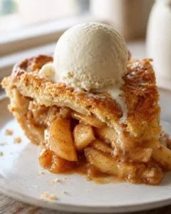 Close-up of warm apple pie topped with vanilla ice cream on a plate.