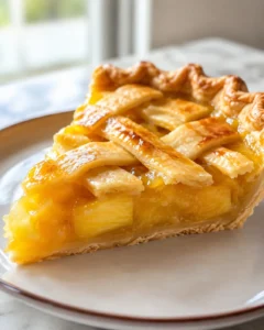 Close-up of a golden pineapple pie with a flaky lattice crust on a plate