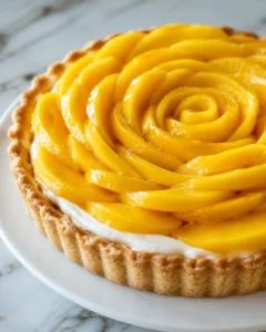 Close-up of a beautiful mango tart topped with sliced fresh mangoes on a white plate.