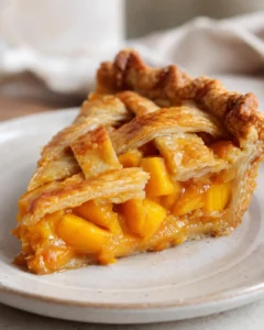Close-up of a slice of peach mango pie with flaky crust and juicy filling.
