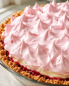 Close-up of a layered peanut butter and jelly pie with pink meringue topping