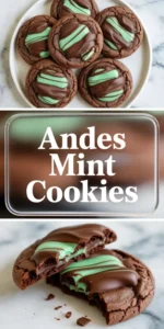 Tall Andes mint cookies collage with a plate of chocolate mint cookies, a recipe title panel, and a broken cookie showing the soft chocolate center and melted candy topping.