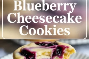 Vertical collage shows baked blueberry cheesecake cookies on a rack at the top, large text Blueberry Cheesecake Cookies in the center, and a stacked cookie with creamy cheesecake layer and blueberry filling at the bottom.