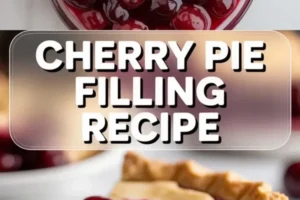 Top view shows a bowl of glossy cherry pie filling with whole cherries in bright red syrup. Bottom view shows a slice of cherry pie with golden flaky crust and thick cherry filling on a white plate. Text overlay reads “Cherry Pie Filling Recipe.”