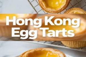 Golden Hong Kong egg tarts with glossy custard centers on a cooling rack, paired with a close-up of a bitten tart revealing creamy egg filling and flaky puff pastry crust, placed on a white plate.