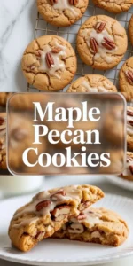 Tall maple pecan cookies collage showing glazed cookies on a cooling rack and a broken cookie with a soft center beneath the title text.