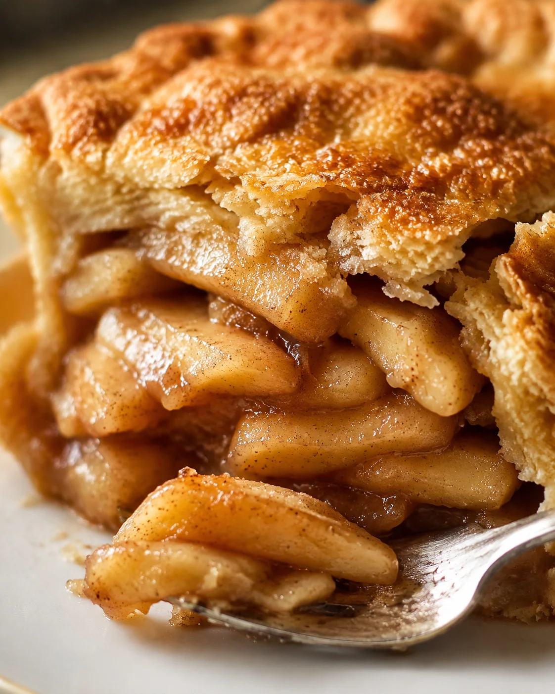A golden, flaky apple pie with warm filling and a crispy crust close-up.