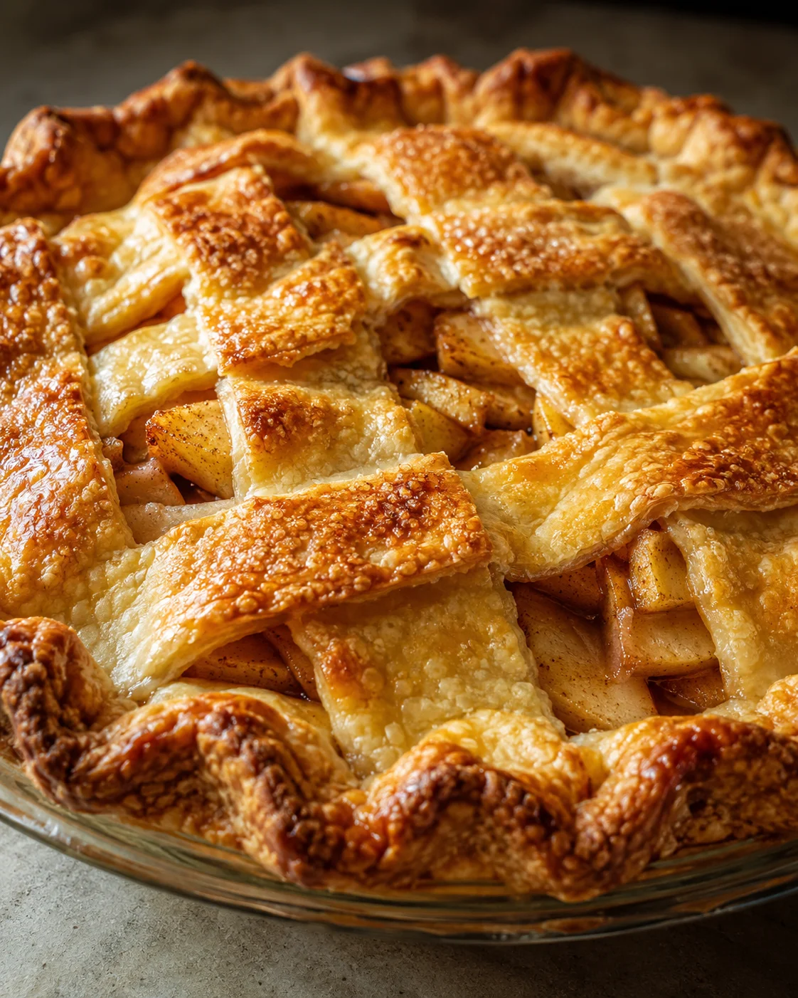 Golden, flaky apple pie with crispy crust and warm filling ready to serve.