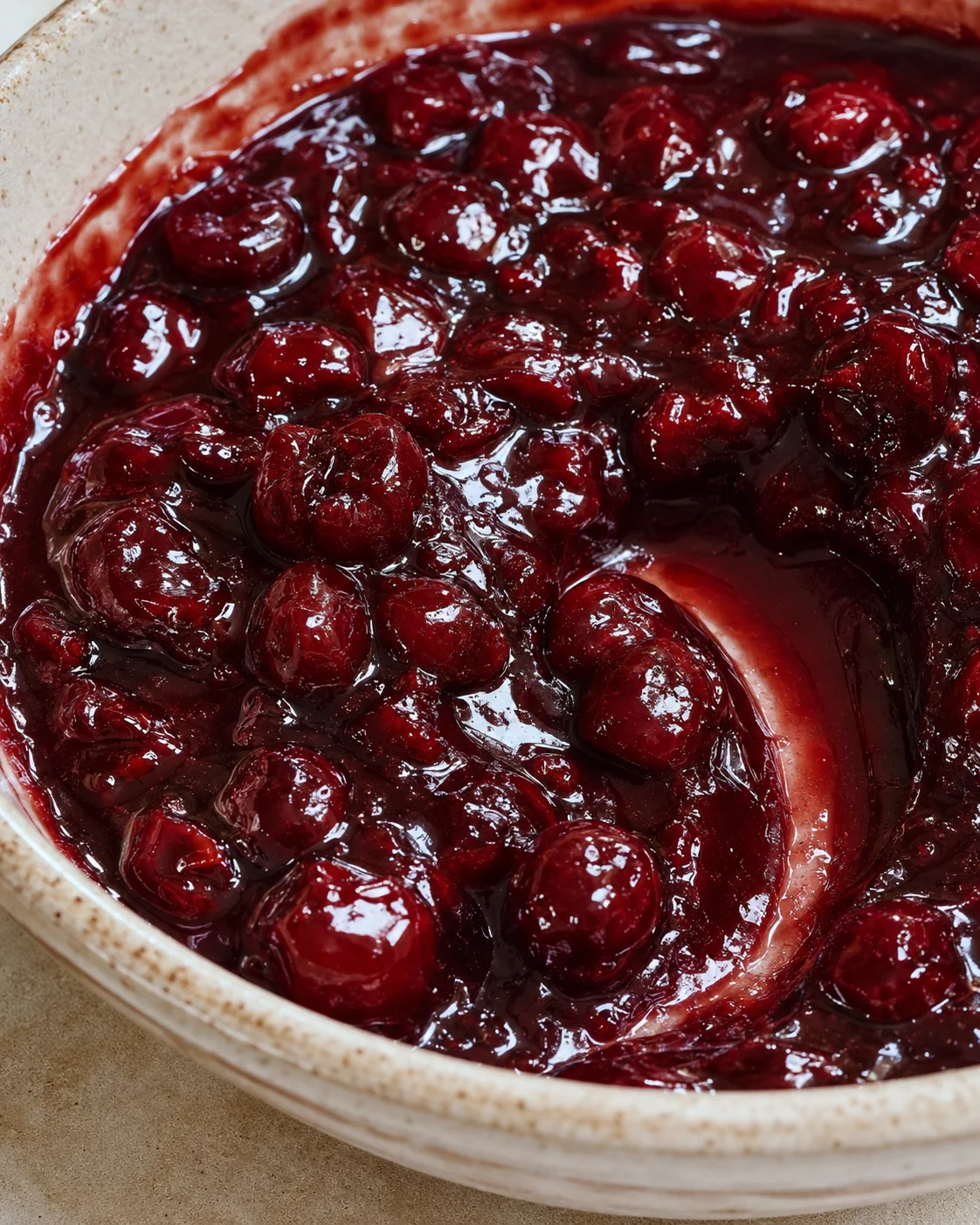 Close-up of freshly cooked cherry pie filling with glossy, thick texture in a bowl.