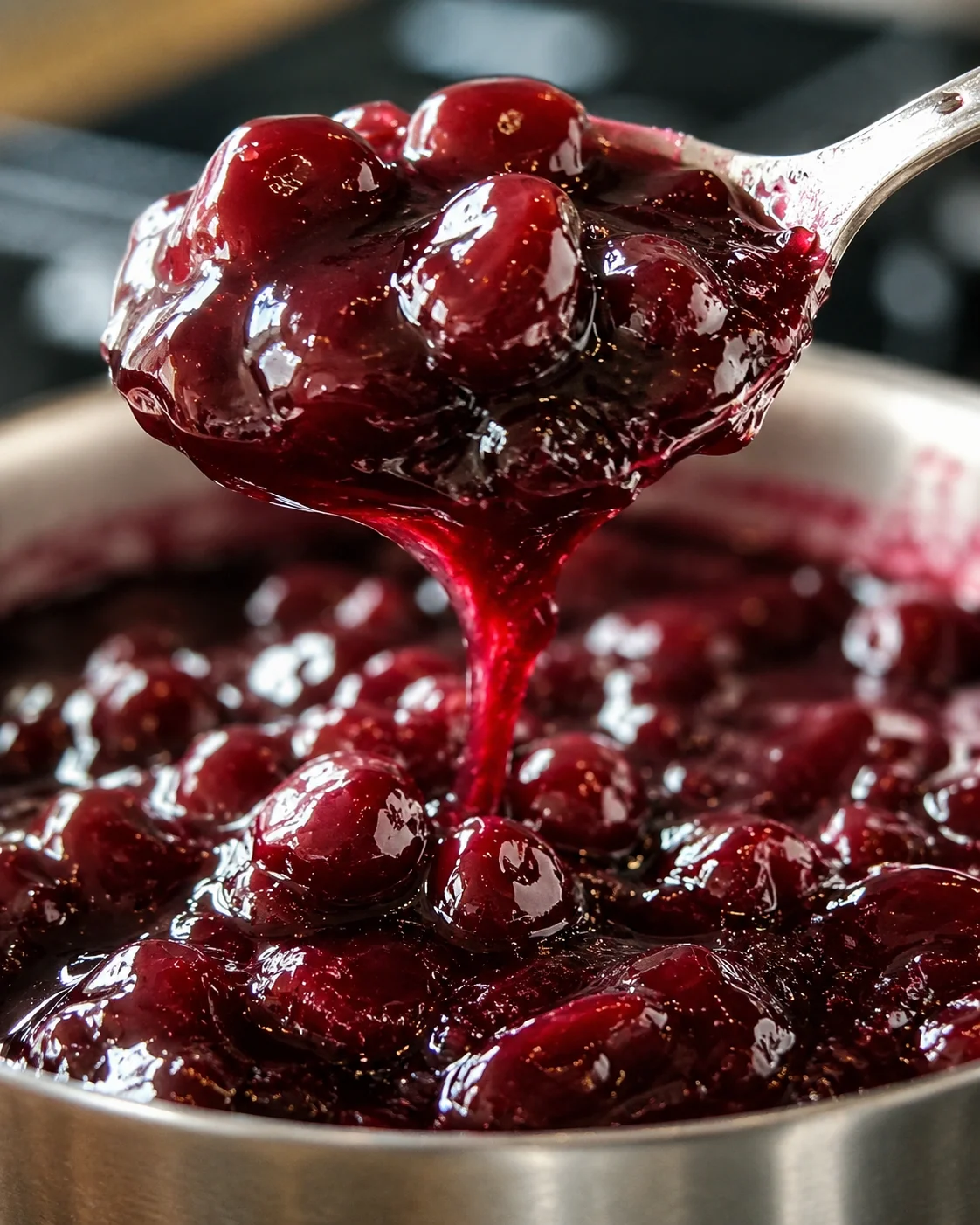 Close-up of glossy, fresh cherry pie filling in a saucepan.