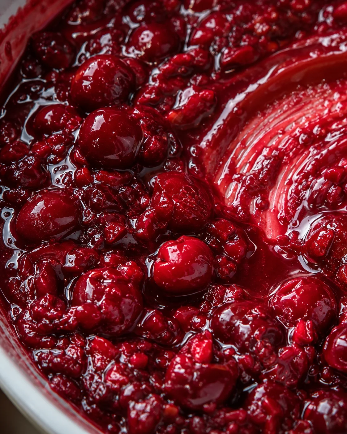 Close-up of glossy, vibrant homemade cherry pie filling in a saucepan.