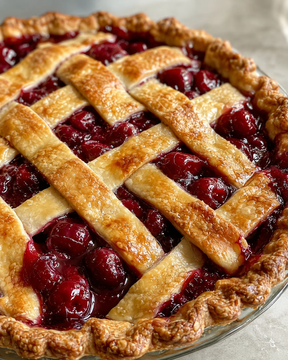 Fresh cherry pie filling with a lattice crust, bursting with vibrant color and flavor.