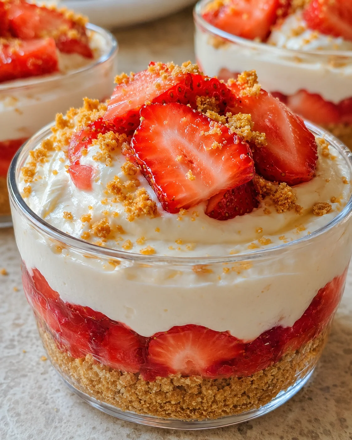 Creamy strawberry cheesecake layers topped with fresh strawberries in clear cups.