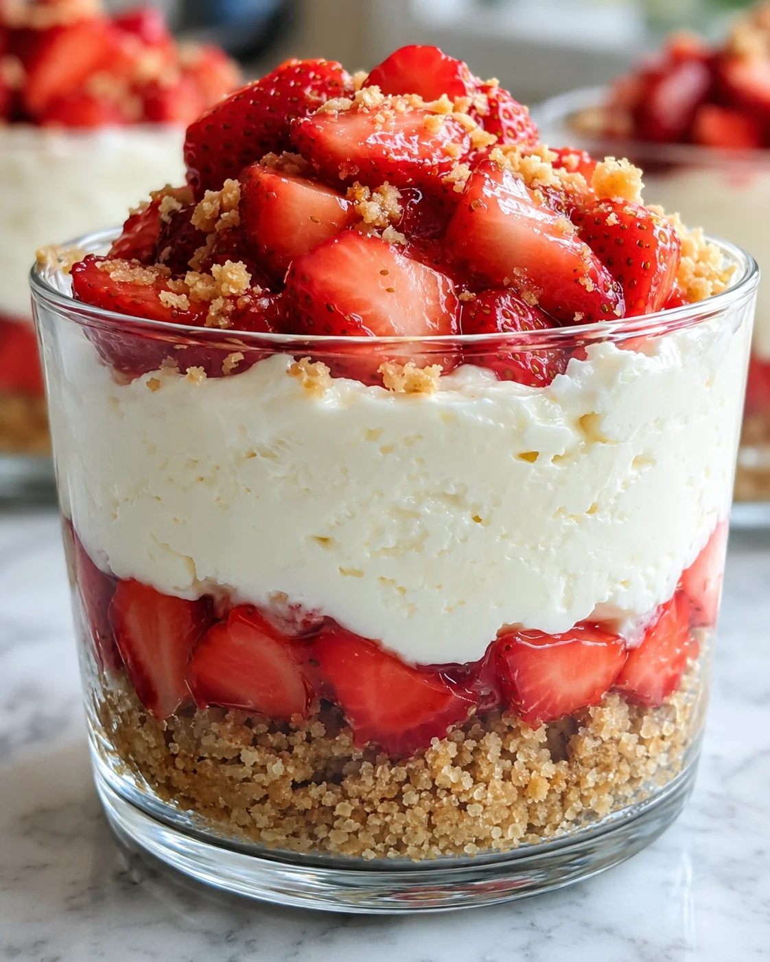 Delicious layered strawberry cheesecake served in individual cups, topped with fresh strawberries.