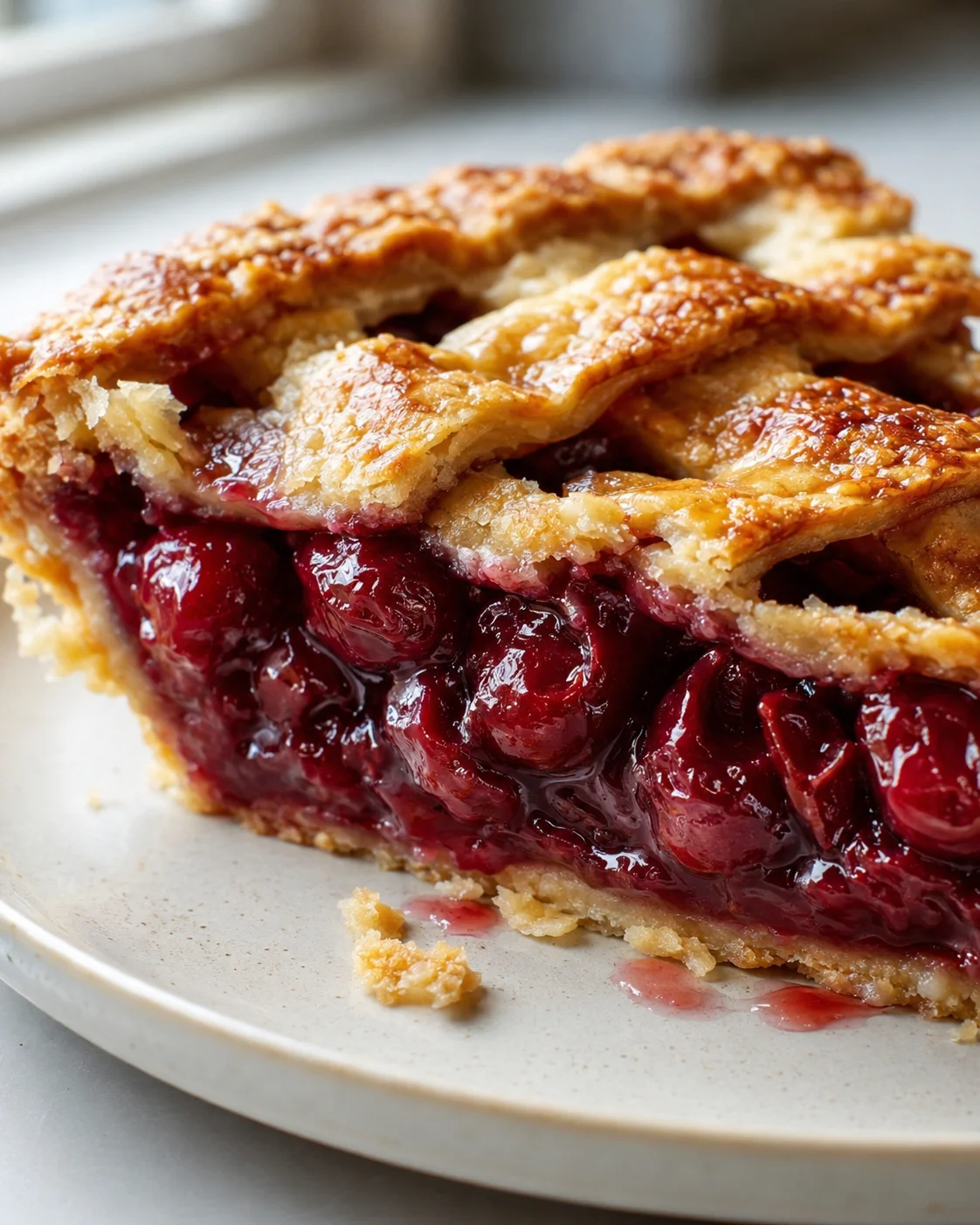 Close-up of vibrant cherry pie filling spilling from a baked crust