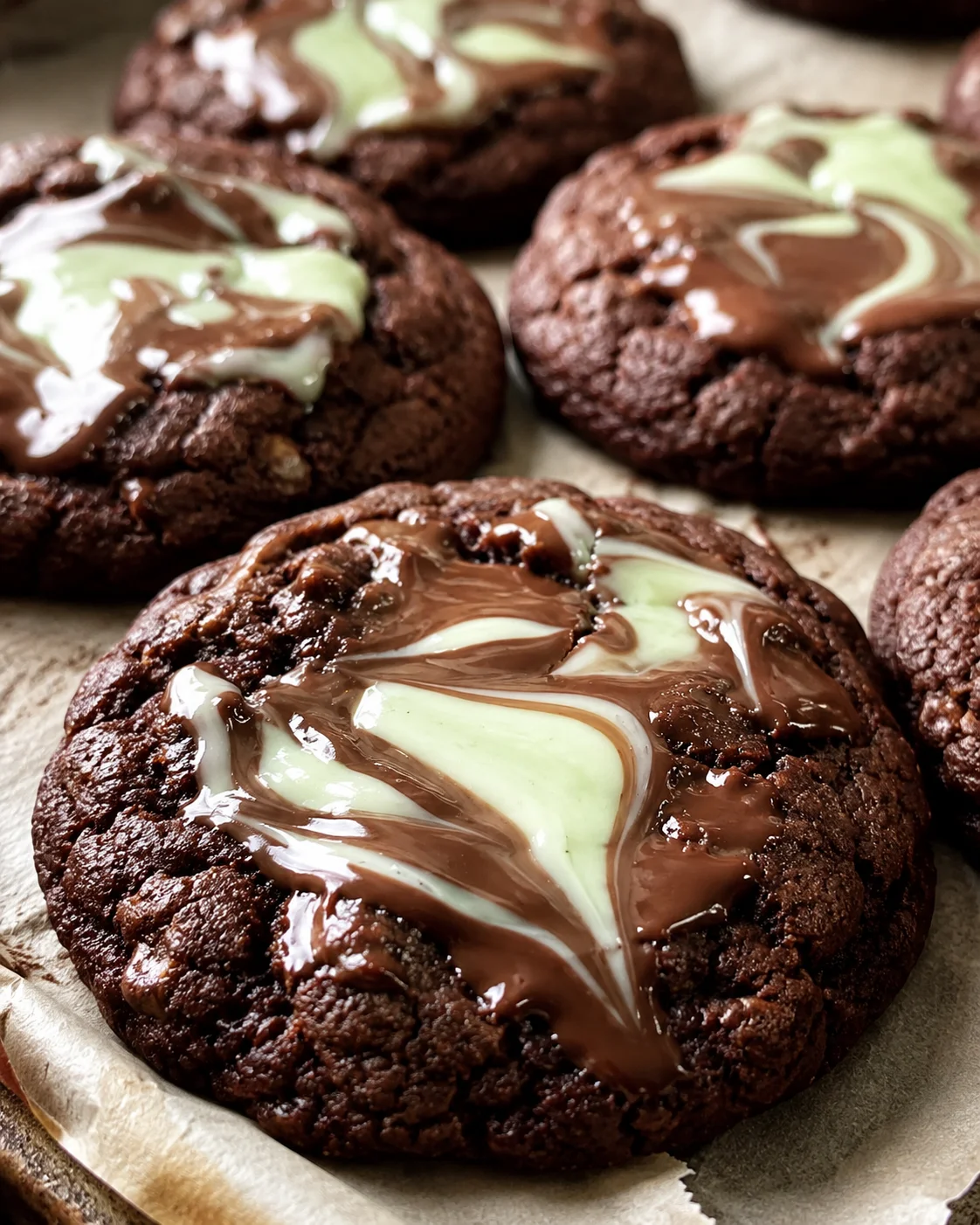 Close-up of soft, chewy chocolate cookies topped with shiny melted mint candies