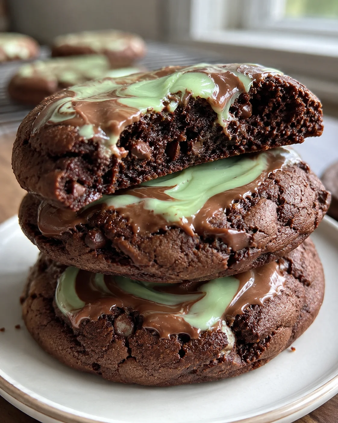 Stacked chocolate cookies topped with melted Andes mints and glossy mint layer