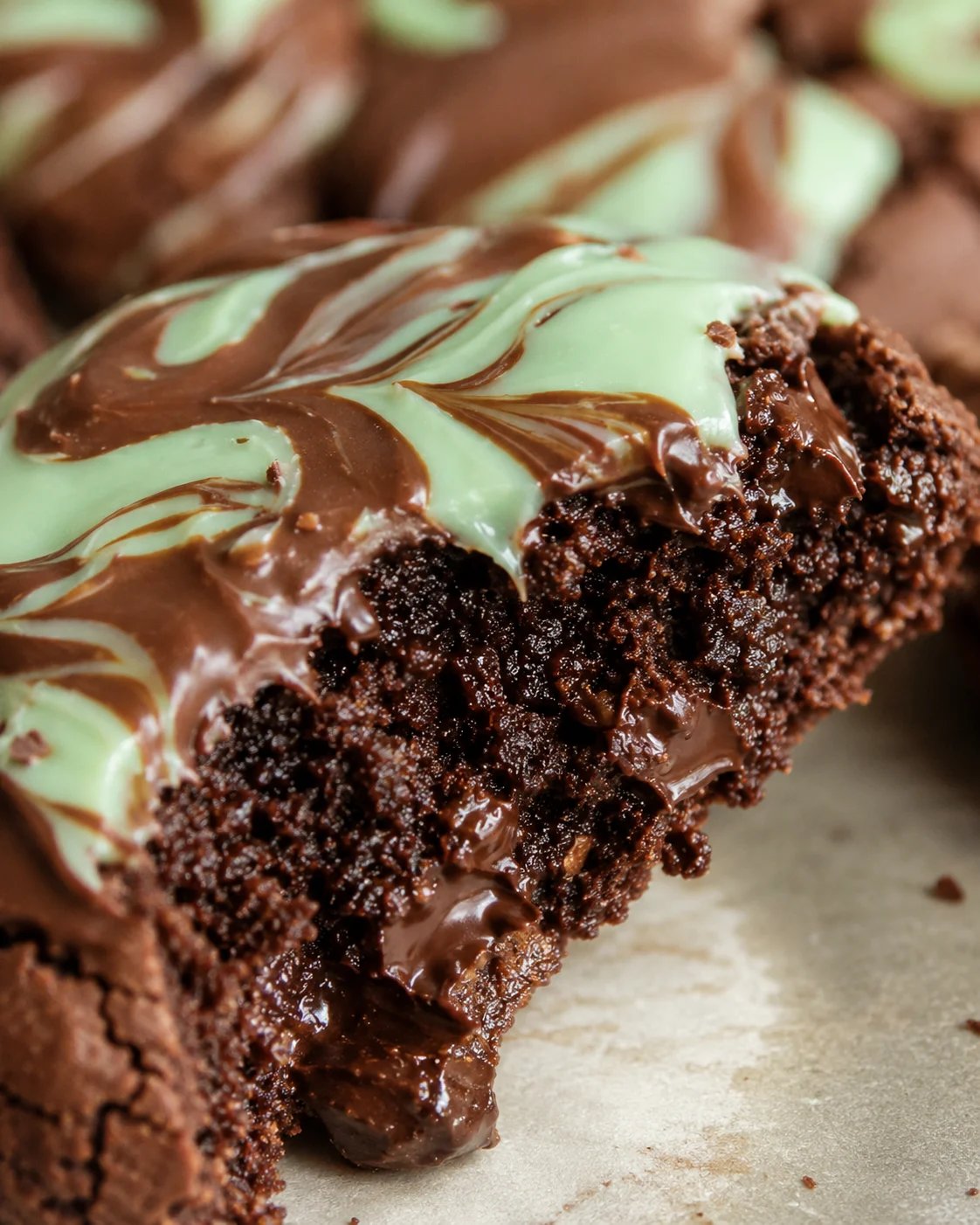 Close-up of moist chocolate cookies topped with swirling mint and chocolate glaze.