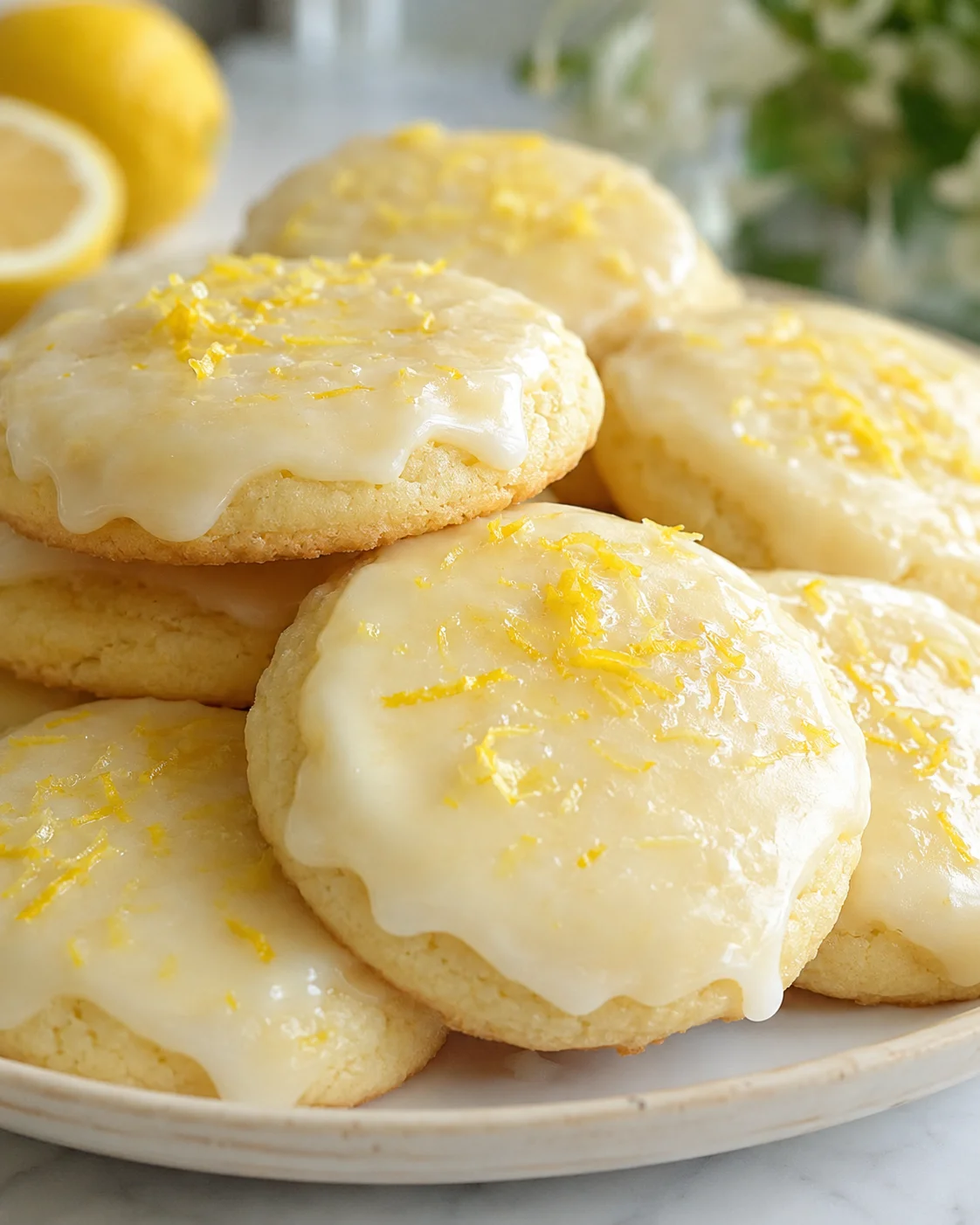 Plate of lemon meltaway cookies with lemon glaze and zest topping, close-up shot.