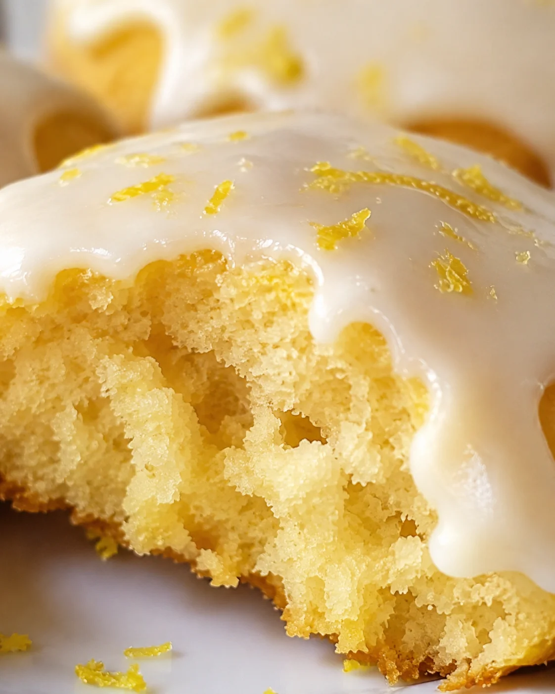 Close-up of soft lemon meltaway cookie with lemon glaze and zest topping.
