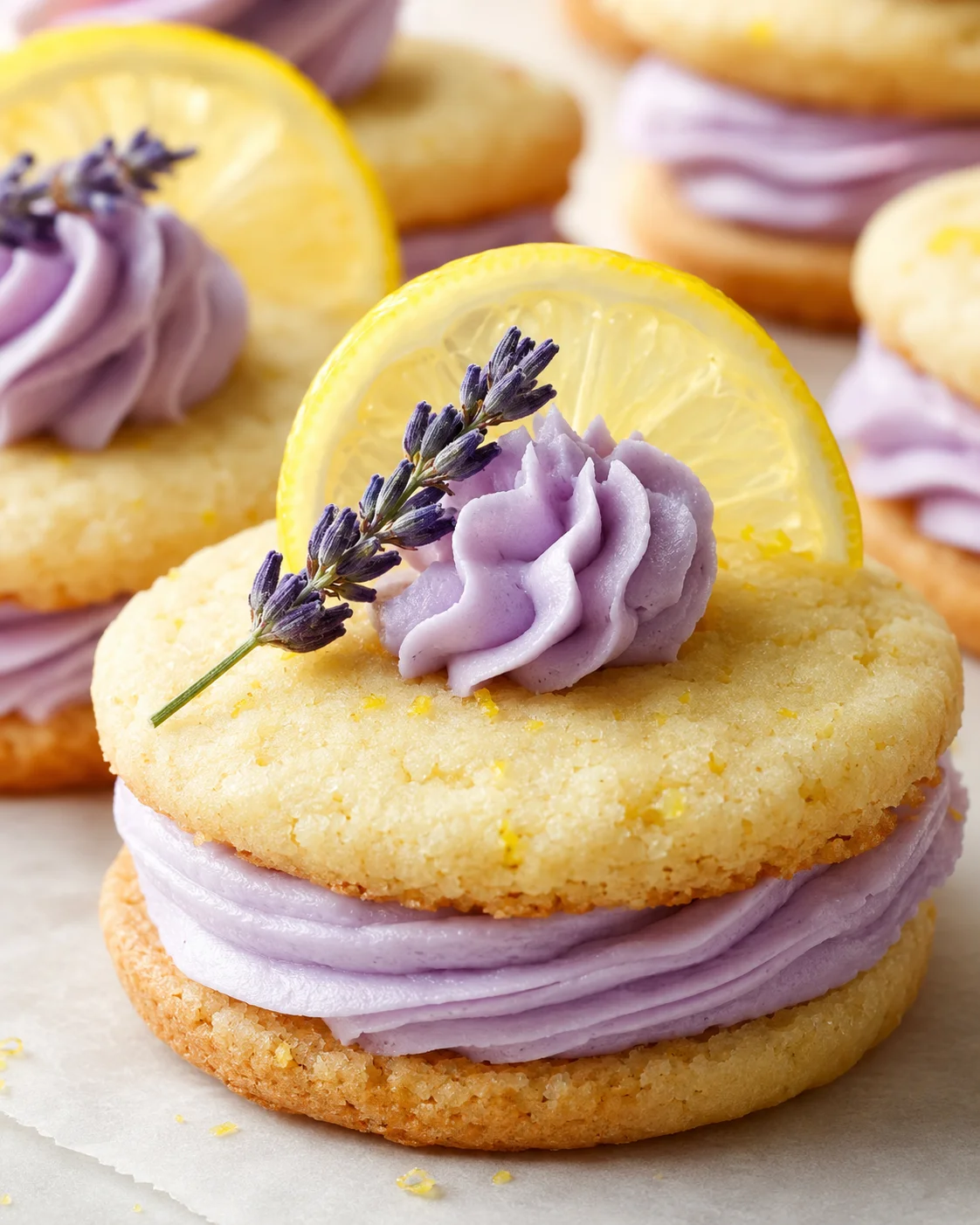 Close-up of lemon lavender sandwich cookies garnished with lavender and lemon slices