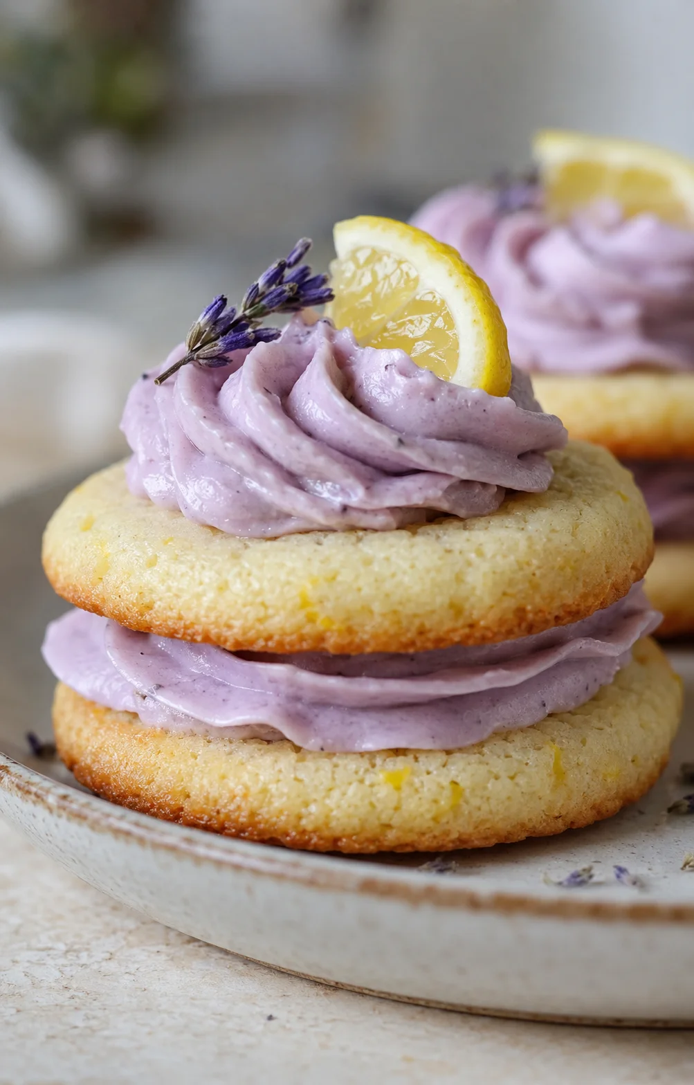 Delicate lemon lavender sandwich cookies topped with lemon slices and lavender sprigs