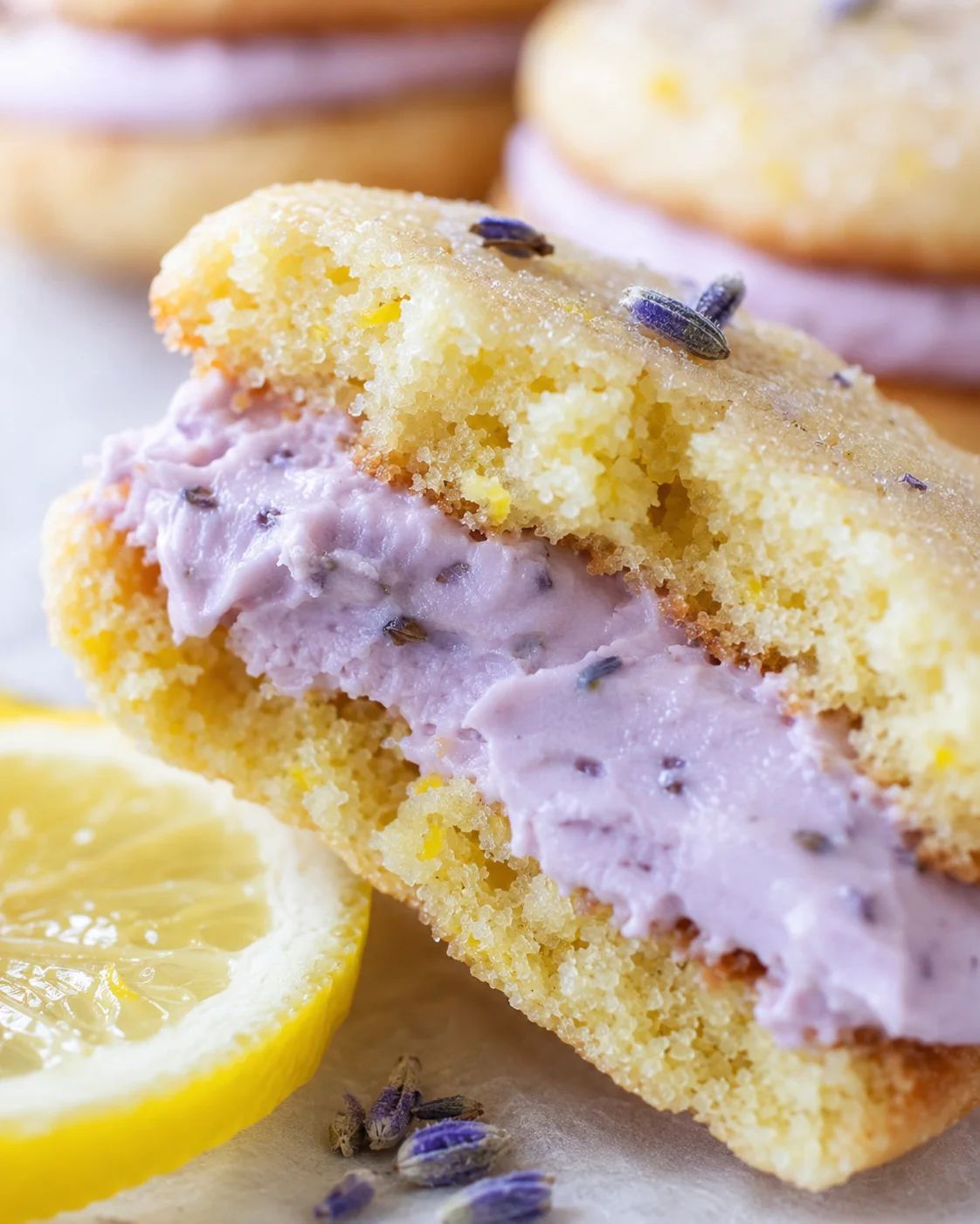 Close-up of lemon lavender sandwich cookie with lavender sprig and lemon slice.